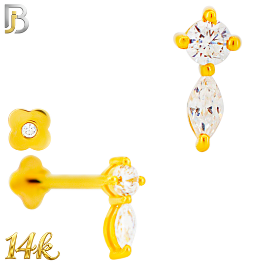 14-LB153 - 14K Yellow Gold Round & Marquise CZ Clover Flatback Labret – Internally Threaded