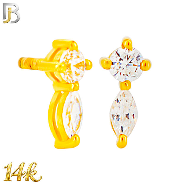 14-LB153 - 14K Yellow Gold Round & Marquise CZ Clover Flatback Labret – Internally Threaded