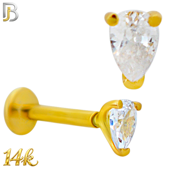 14-LB156 - 16G 14K Yellow Gold Pear‑Shaped CZ Labret Stud