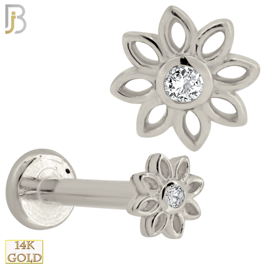 14-LB52 - 14k Gold Hollow Flower Labret with Round Zircon Center