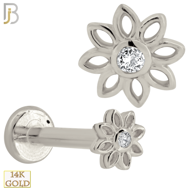 14-LB52 - 14k Gold Hollow Flower Labret with Round Zircon Center