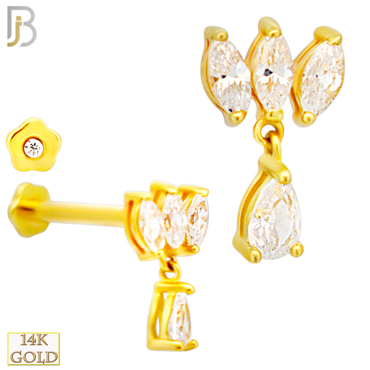 14-LB75 -  18g - 14k Gold Lotus Dangle Labret with Marquise and Pear Cut Cubic Zirconia