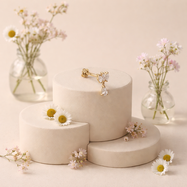 14-LB75 -  18g - 14k Gold Lotus Dangle Labret with Marquise and Pear Cut Cubic Zirconia