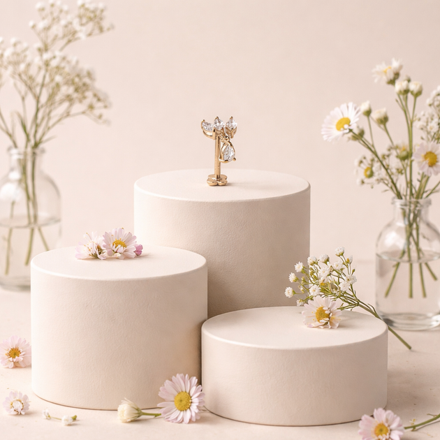 14-LB75 -  18g - 14k Gold Lotus Dangle Labret with Marquise and Pear Cut Cubic Zirconia