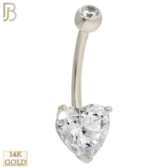 14-NB03 - 14k Solid Gold Banana Belly Ring Heart Prong Setting Zircon