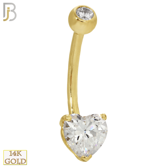 14-NB03 - 14k Solid Gold Banana Belly Ring Heart Prong Setting Zircon