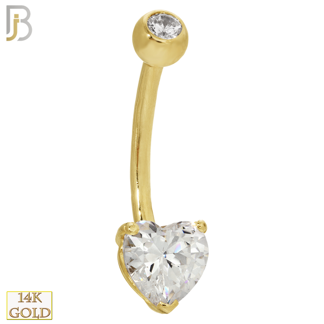 14-NB03 - 14k Solid Gold Banana Belly Ring Heart Prong Setting Zircon