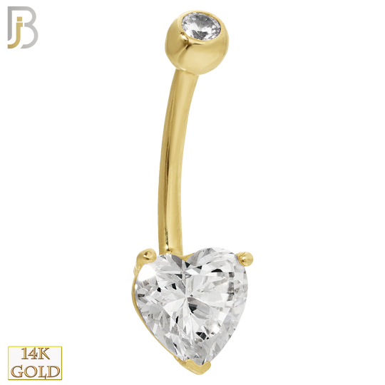 14-NB03 - 14k Solid Gold Banana Belly Ring Heart Prong Setting Zircon