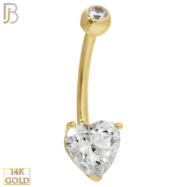 14-NB03 - 14k Solid Gold Banana Belly Ring Heart Prong Setting Zircon