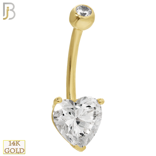 14-NB03 - 14k Solid Gold Banana Belly Ring Heart Prong Setting Zircon