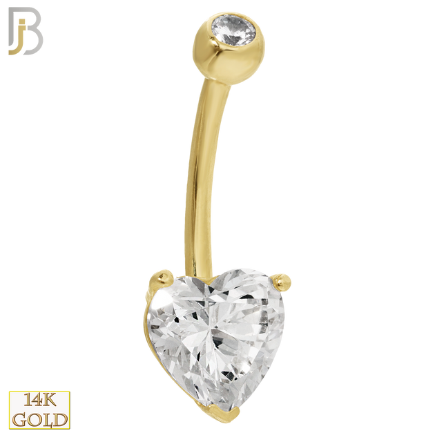 14-NB03 - 14k Solid Gold Banana Belly Ring Heart Prong Setting Zircon