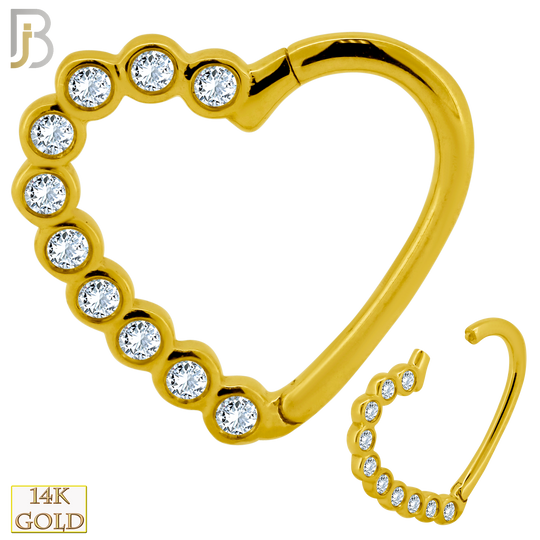 14-TH15 - 14K Solid Gold 18g Thickness Hollow Heart with Multi CZ Hinged Hoop