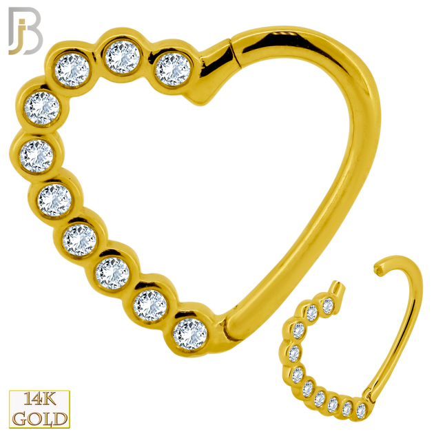 14-TH15 - 14K Solid Gold 18g Thickness Hollow Heart with Multi CZ Hinged Hoop