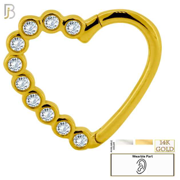 14-TH15 - 14K Solid Gold 18g Thickness Hollow Heart with Multi CZ Hinged Hoop