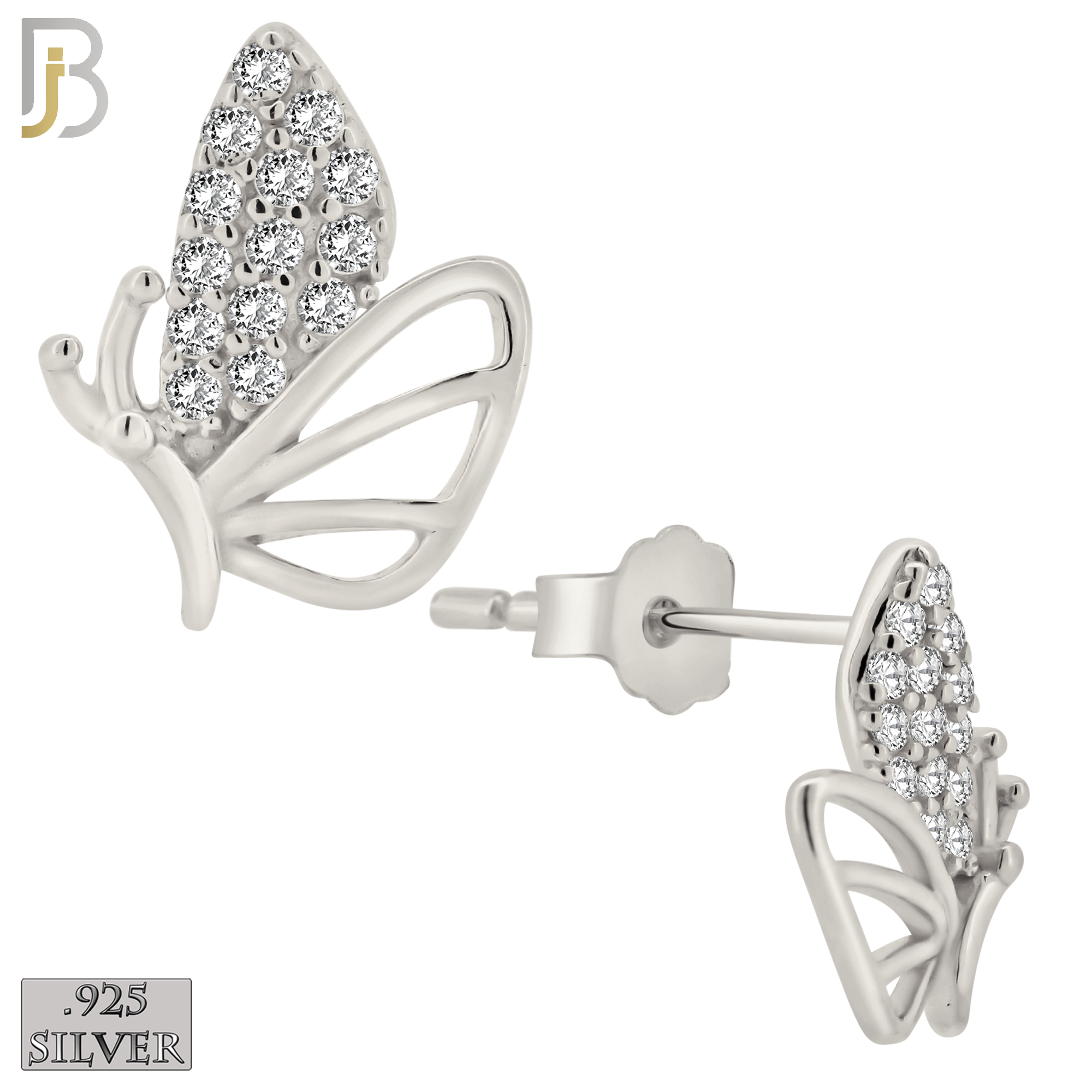 925-ES375 - .925 Sterling Silver CZ Studded Half Butterfly Stud Earrings image 1