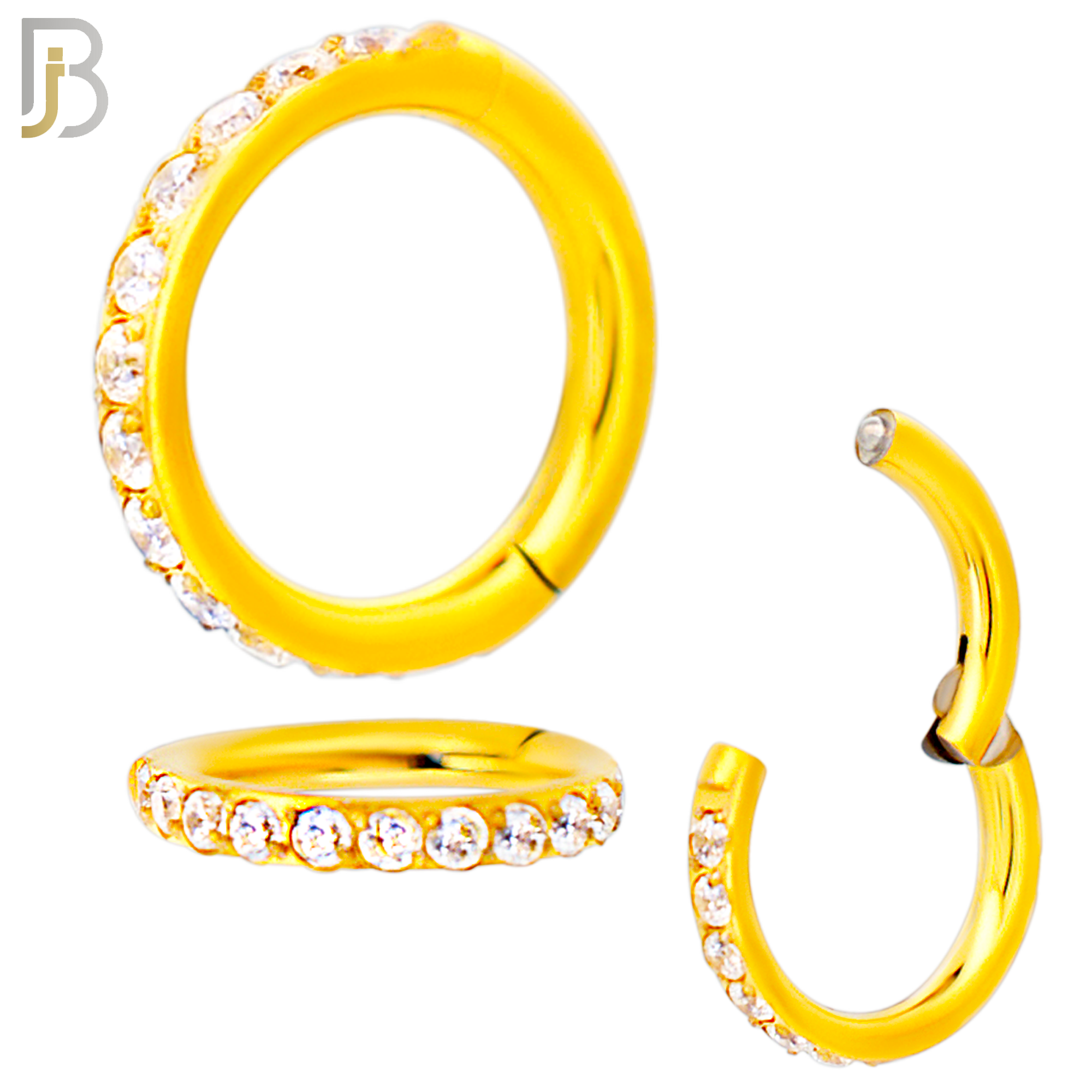 CT94G - 316 Stainless Steel Gold Plated Hinged Hoop with Multi CZ Gems Nose Rings (PACK OF 6) image 1