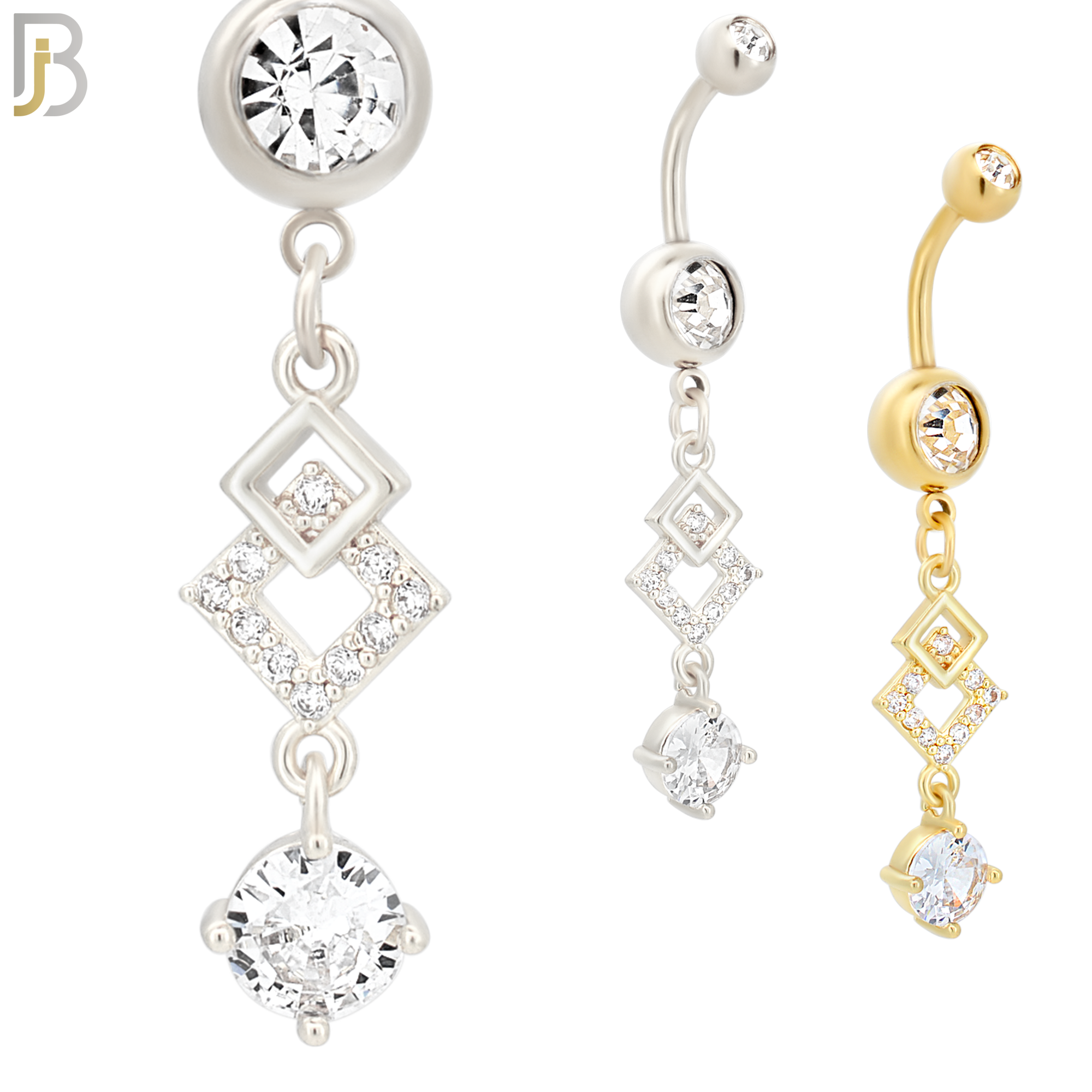 N025 - 316L Stainless Steel Dangling Diamond Shape with Prong Round Zircon Design Belly Ring with 5mm Screw Ball image 0