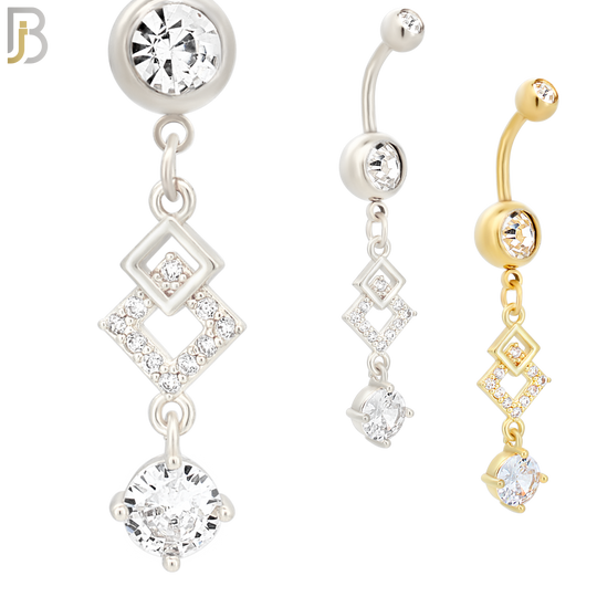 N025 - 316L Stainless Steel Dangling Diamond Shape with Prong Round Zircon Design Belly Ring with 5mm Screw Ball image 0