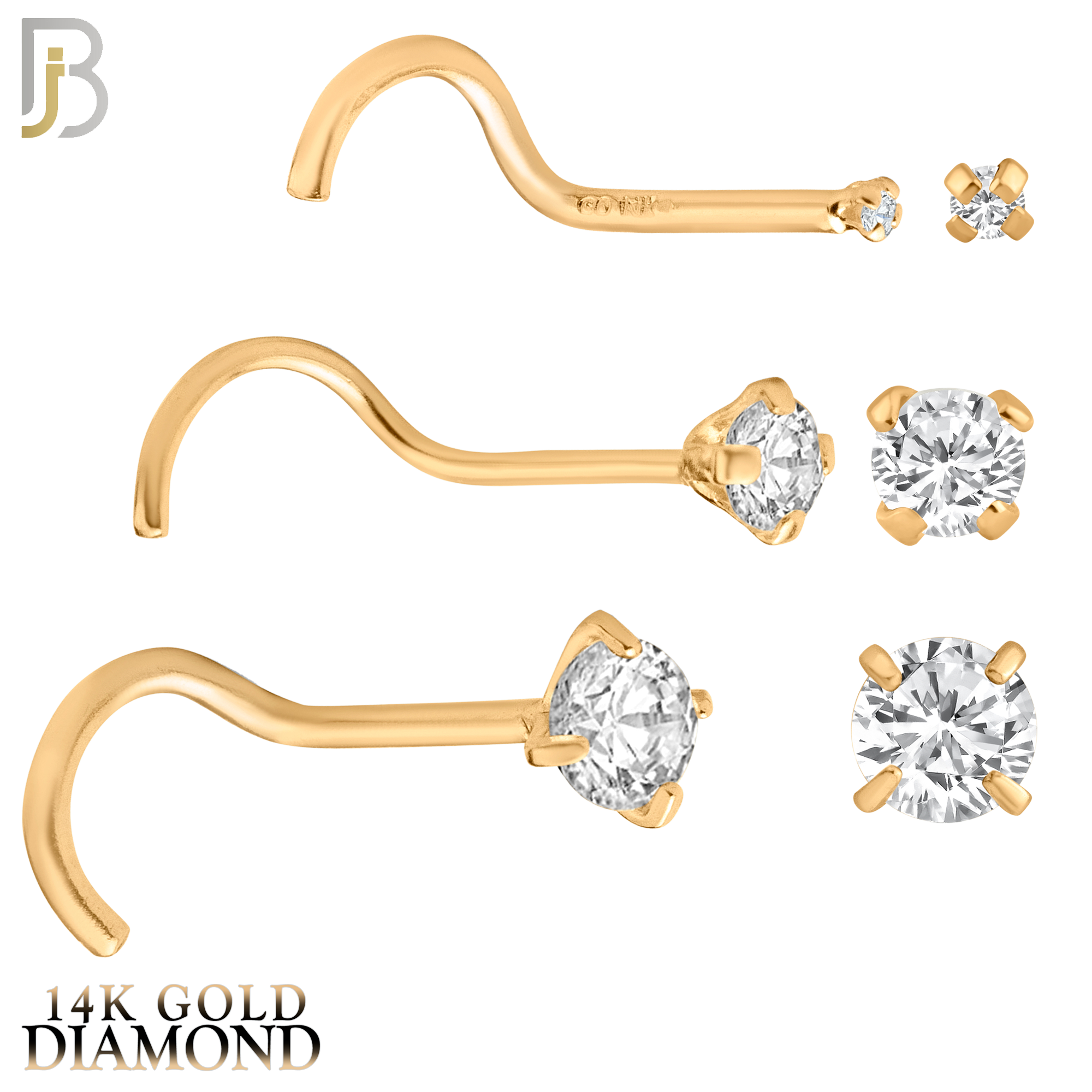 14-NR03D - 14k Solid  Gold Prong Setting  Round Si1 Diamond Nose Screw, Cork Screw image 2