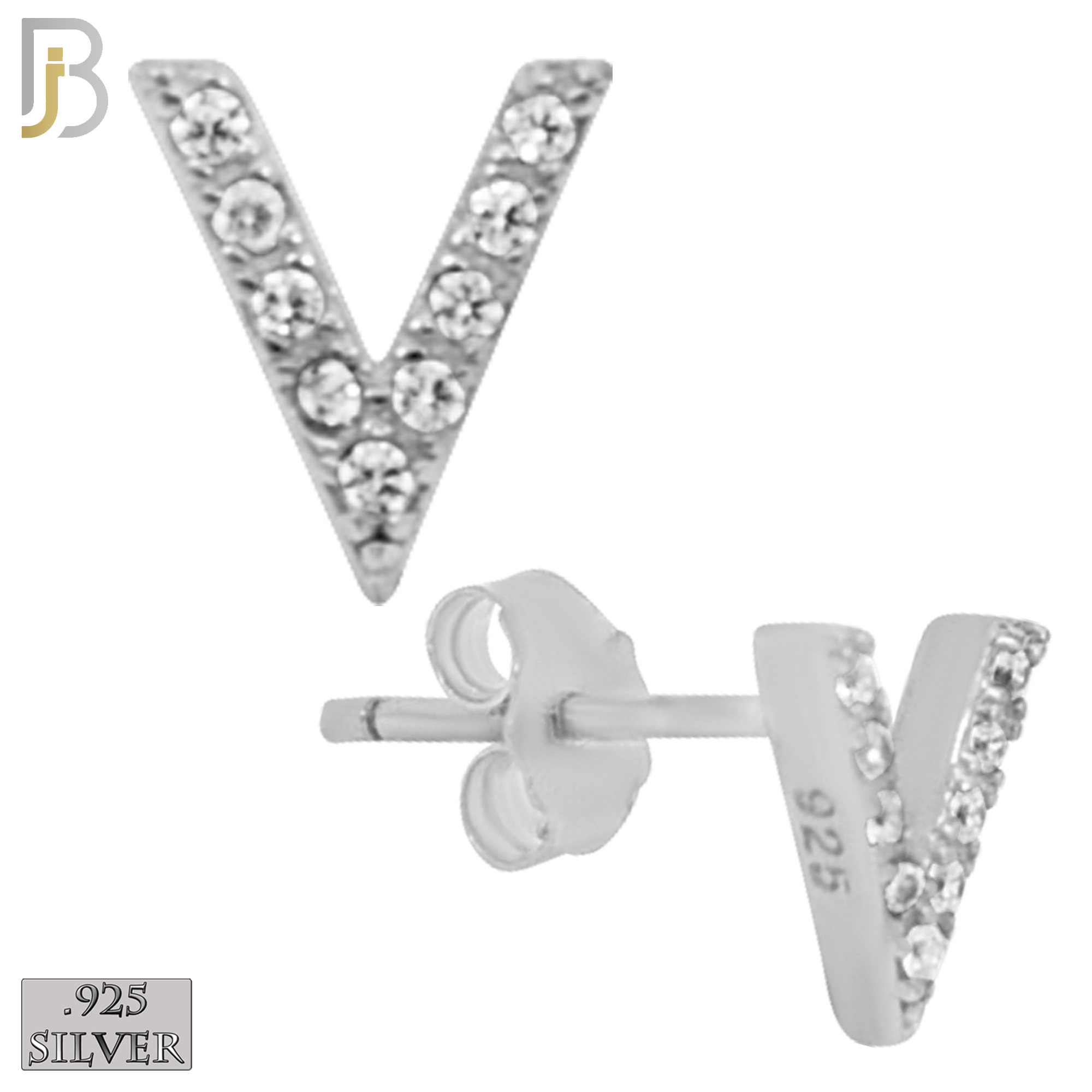 925-ES152 - .925 Sterling Silver Letter V Design with Zircon Design Earring Stud image 1