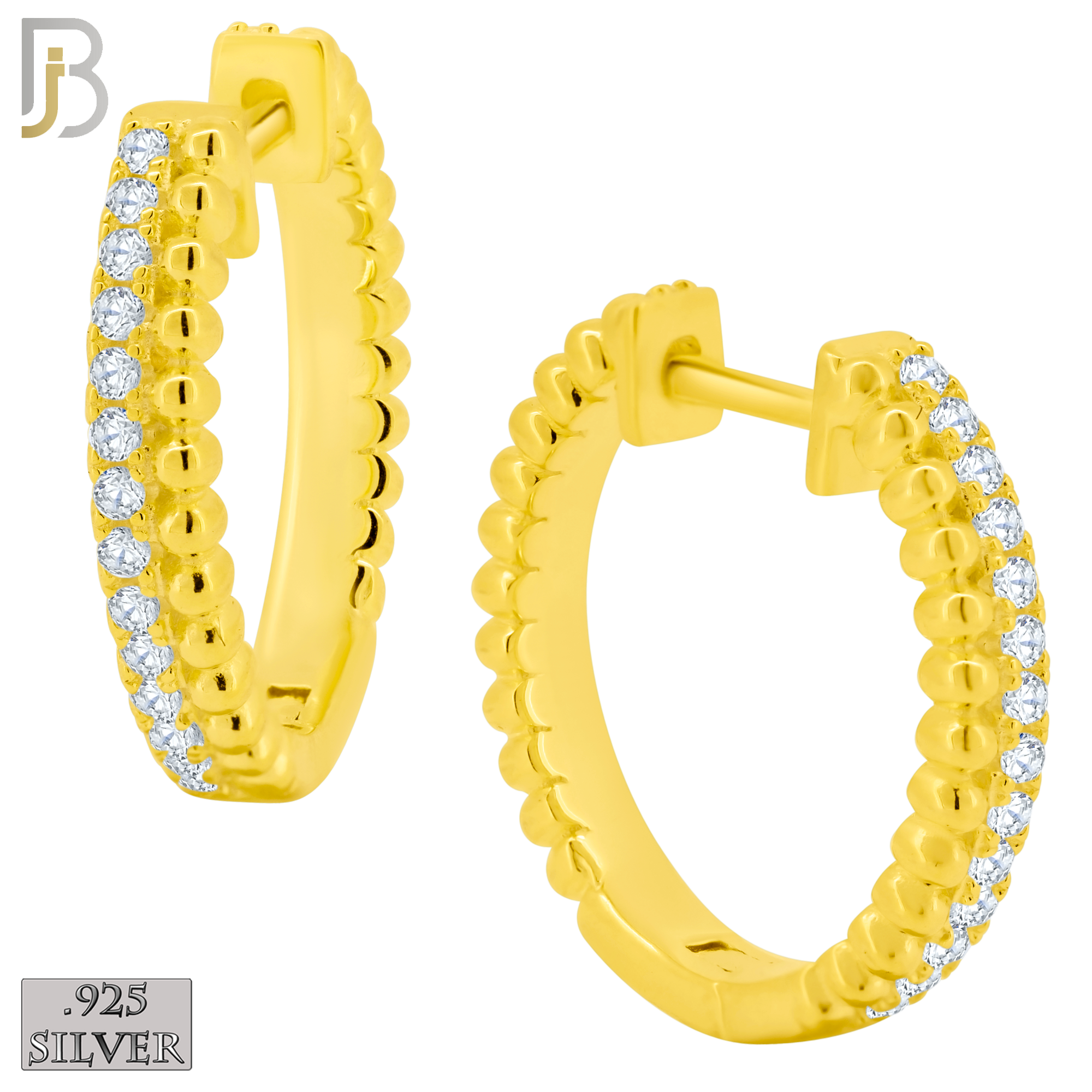 925-ES401 - .925 Sterling Silver Beaded and CZ Studded Hoop Earrings image 1
