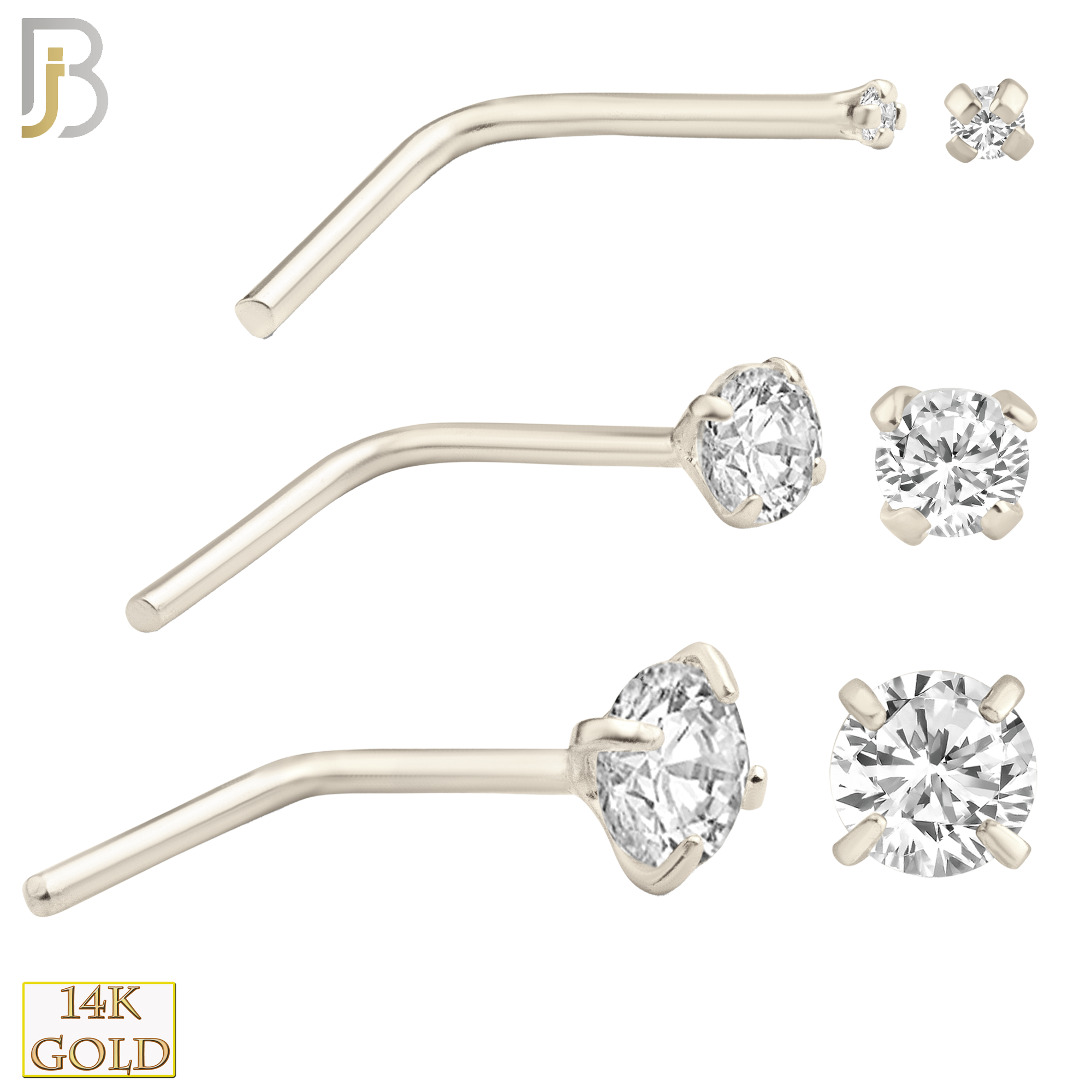 14-NR10CW-20 - 20g Thickness 14k Solid White Gold Prong Setting  Round Cubic Zircona L-Shape image 0