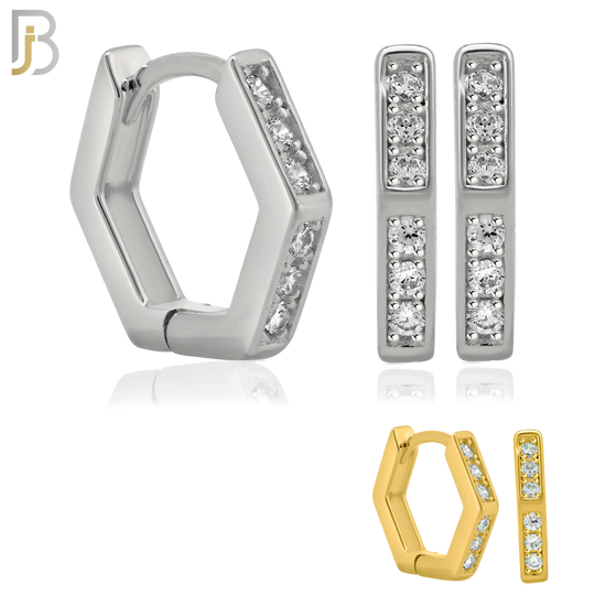 925-ES182 - .925 Sterling Silver Huggies Hexagon Shape with Zircon Clip On image 0