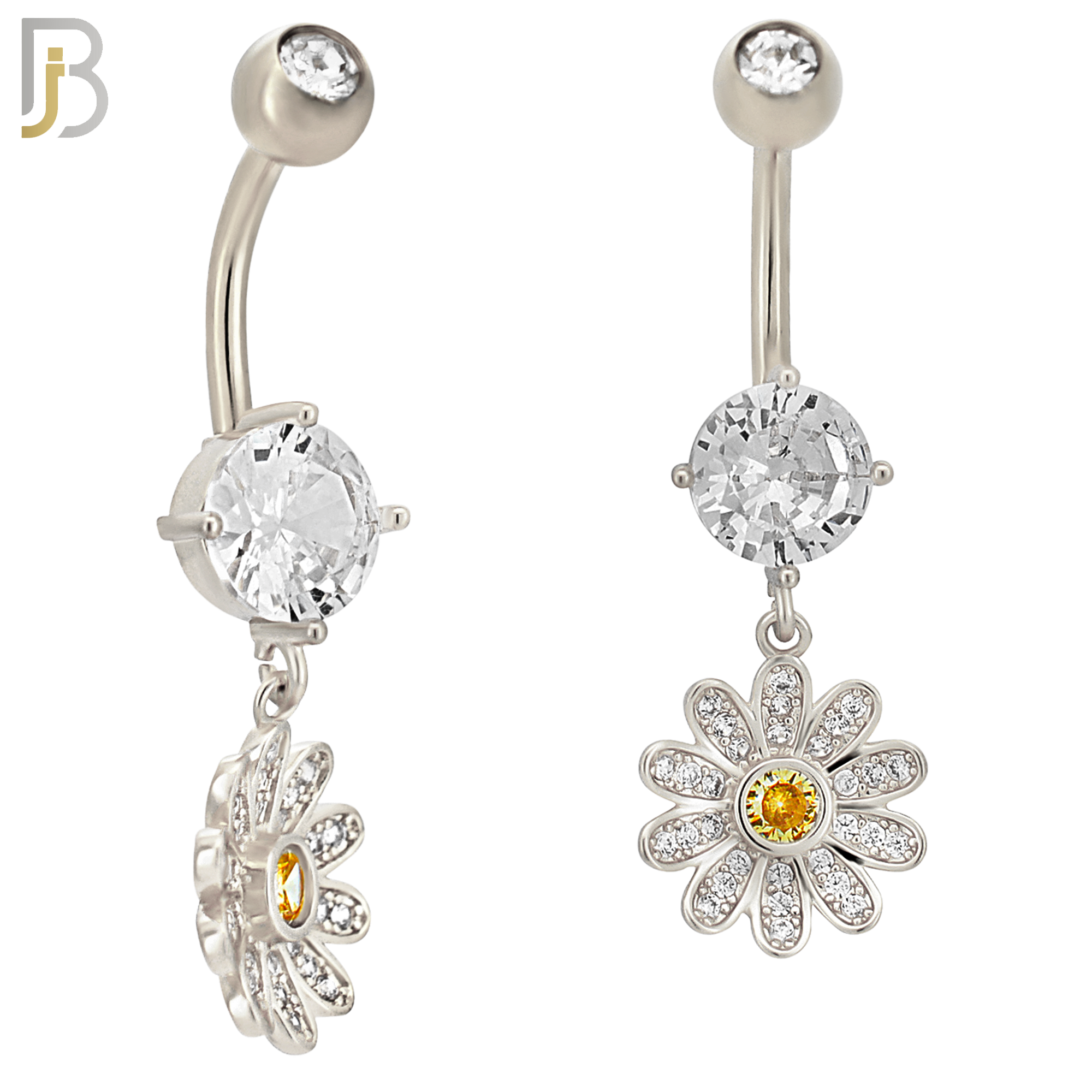 N0126 - 316L Stainless Steel Dangling Flower with Yellow Round Center Zircon Belly Ring image 2