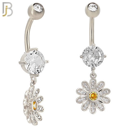 N0126 - 316L Stainless Steel Dangling Flower with Yellow Round Center Zircon Belly Ring image 2
