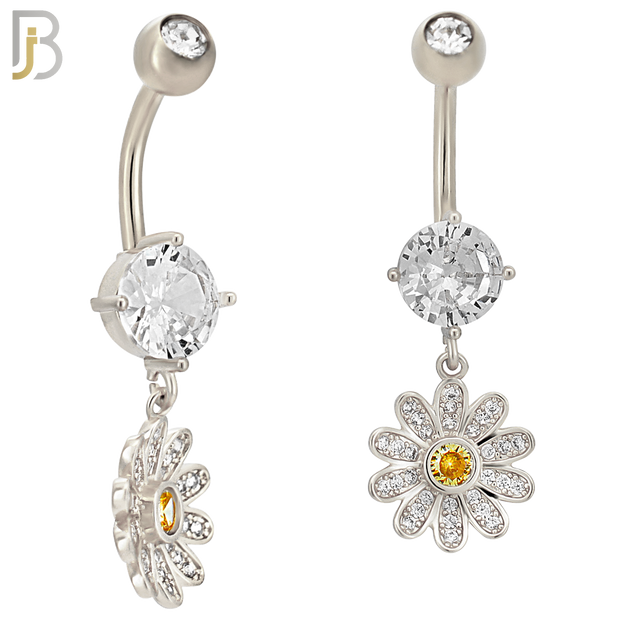 N0126 - 316L Stainless Steel Dangling Flower with Yellow Round Center Zircon Belly Ring image 2