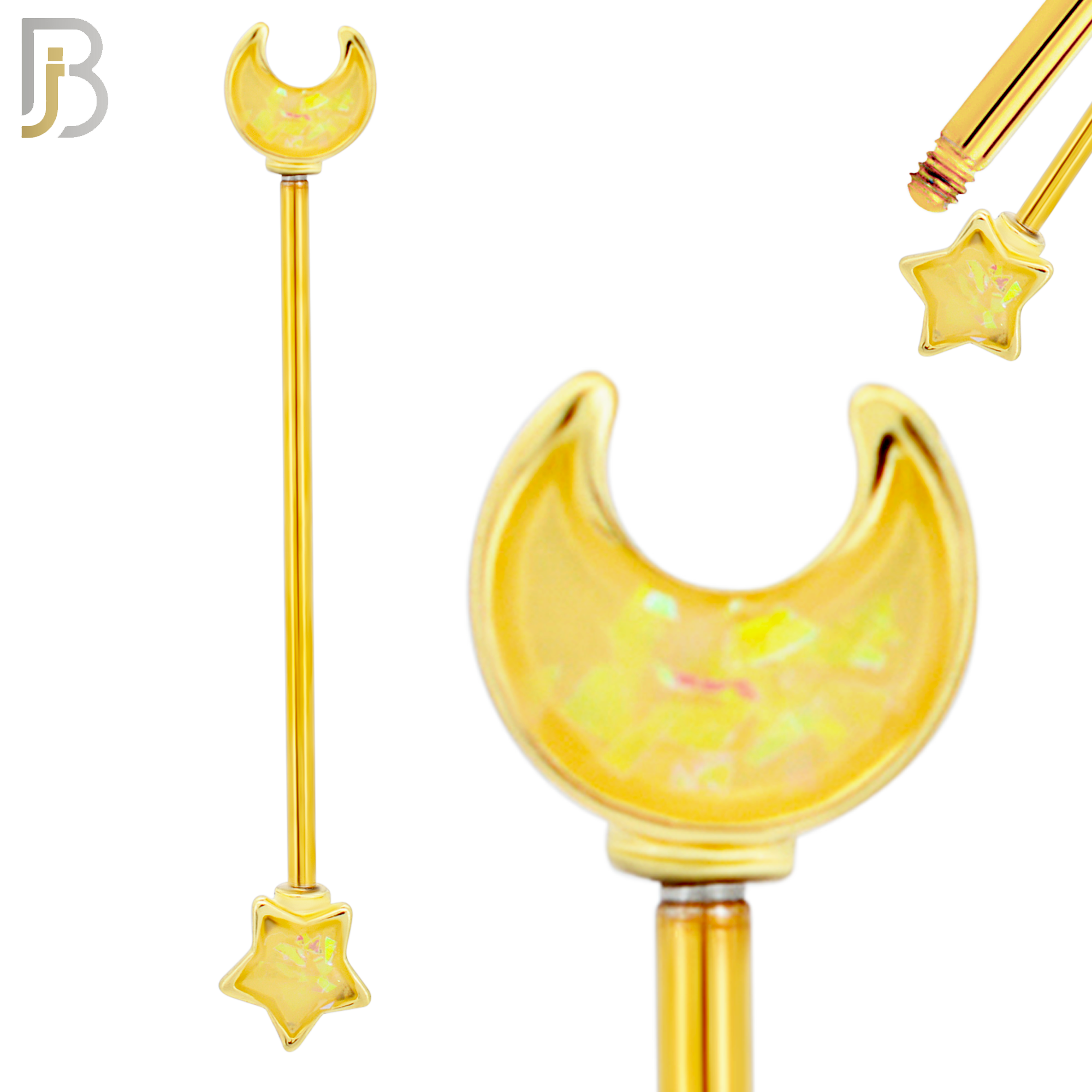 BB42 - 316L Surgical Steel Star and Moon Opalite Design Externally Threaded Industrial Barbell (PACK OF 4) image 2