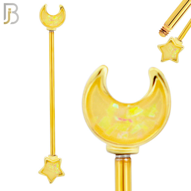 BB42 - 316L Surgical Steel Star and Moon Opalite Design Externally Threaded Industrial Barbell (PACK OF 4) image 2