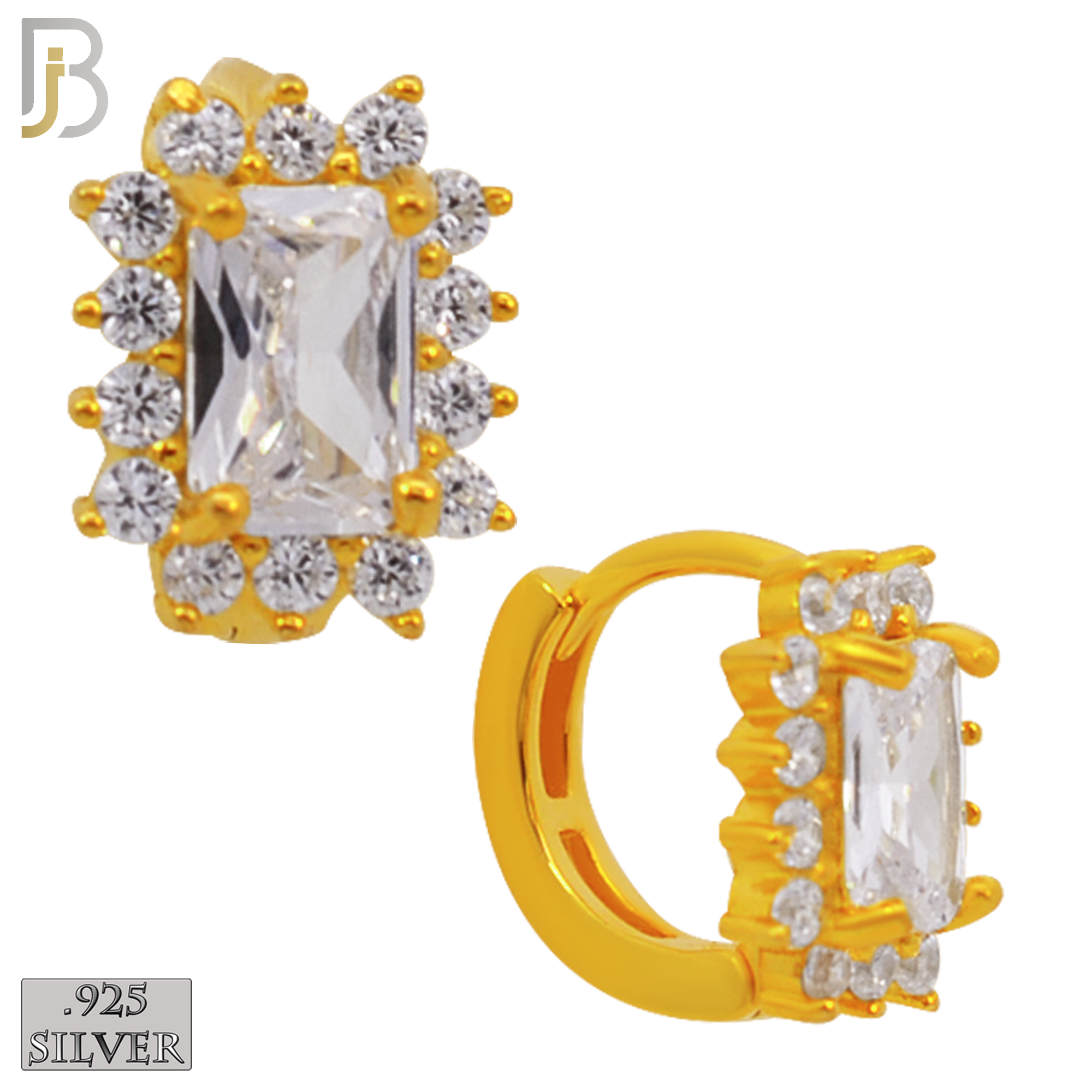 925-ES277- .925 Sterling Silver Rectangle Prong Multi Zircon Design Huggies Hoops Earrings Stud image 2