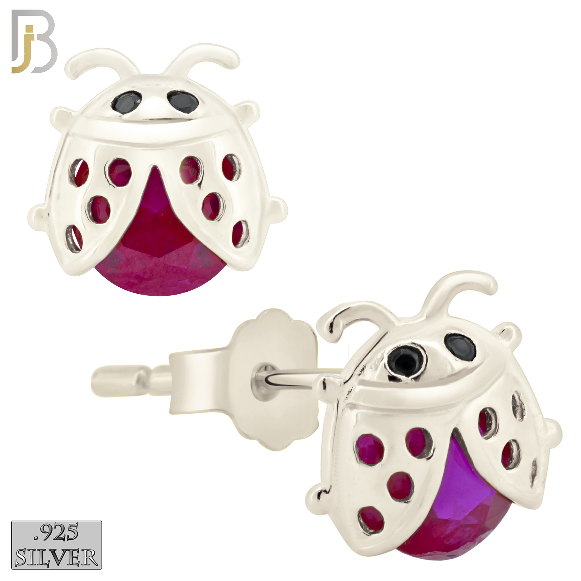 925-ES198 - Push Back - .925 Sterling Silver Lady Bug Design Earring Stud with Fuchsia Zircon image 1