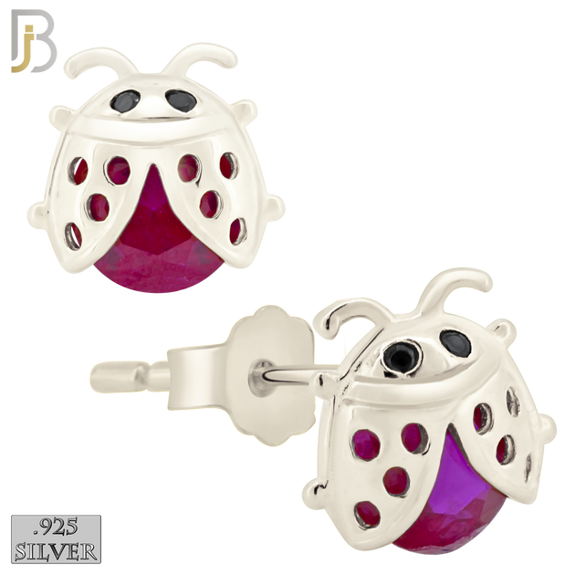 925-ES198 - Push Back - .925 Sterling Silver Lady Bug Design Earring Stud with Fuchsia Zircon image 1