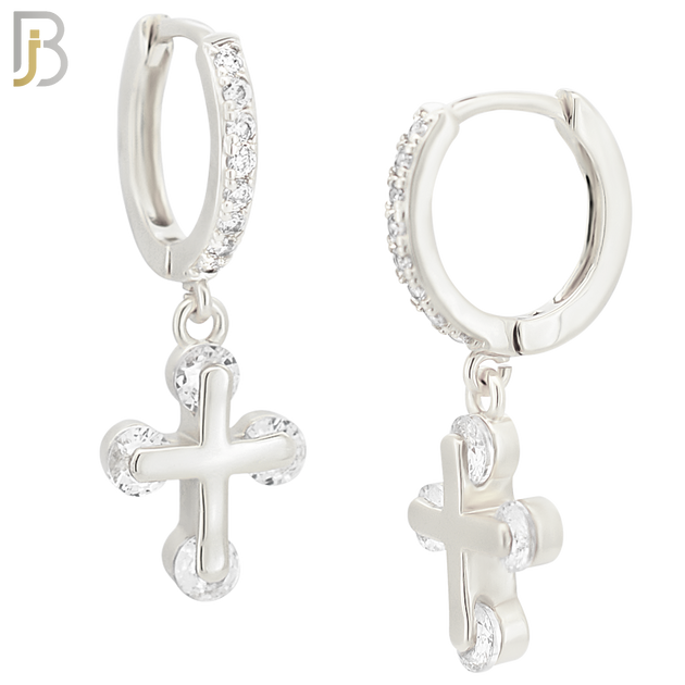 ES104 - 316L Stainless Steel Dangling Cross with Zircon Huggies Clip On image 1