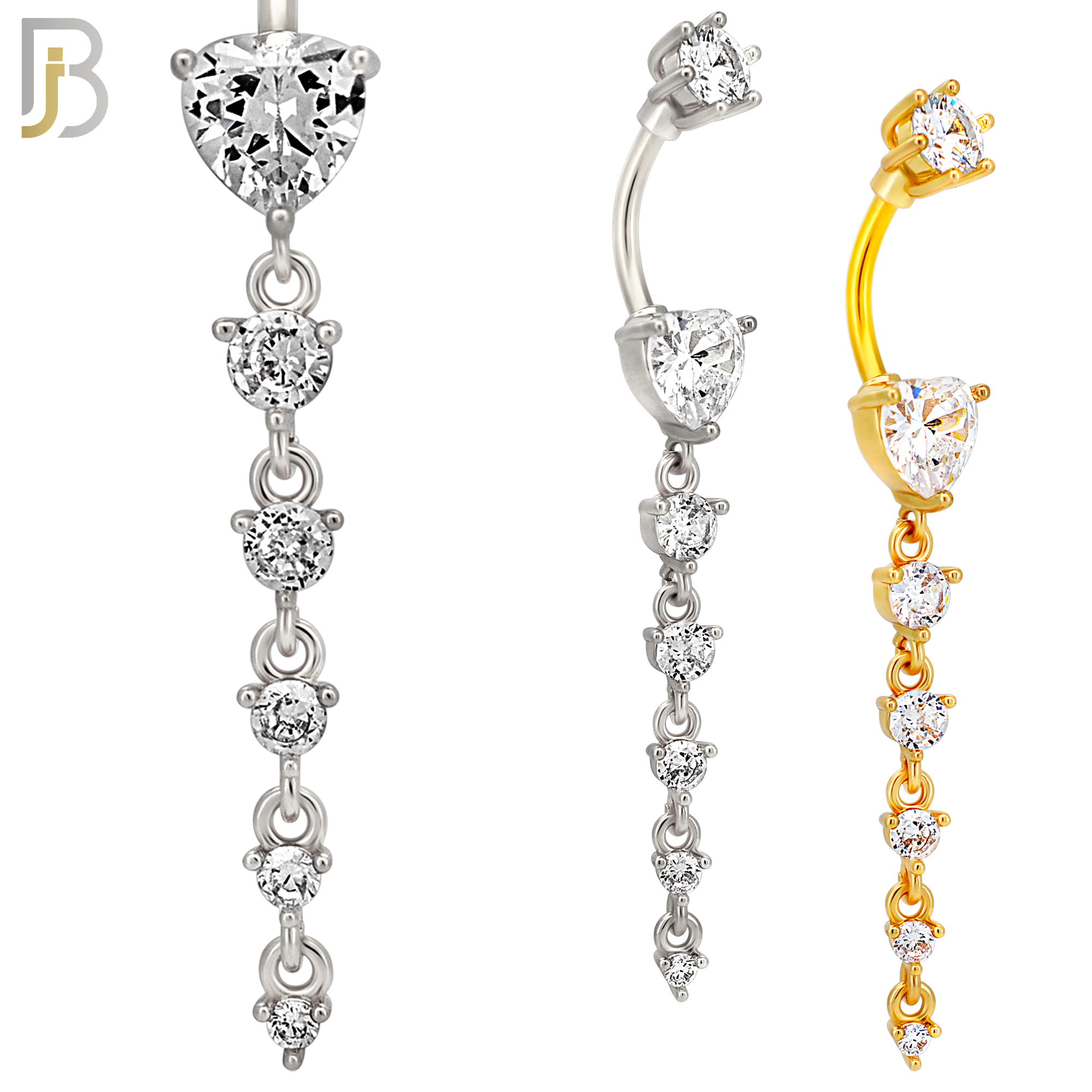 N0153 - 316L Surgical Steel Heart in Prong Set with Dangling 5 Graduating CZ Drop Belly Ring image 0