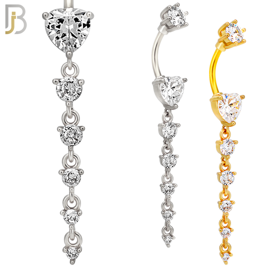 N0153 - 316L Surgical Steel Heart in Prong Set with Dangling 5 Graduating CZ Drop Belly Ring image 0