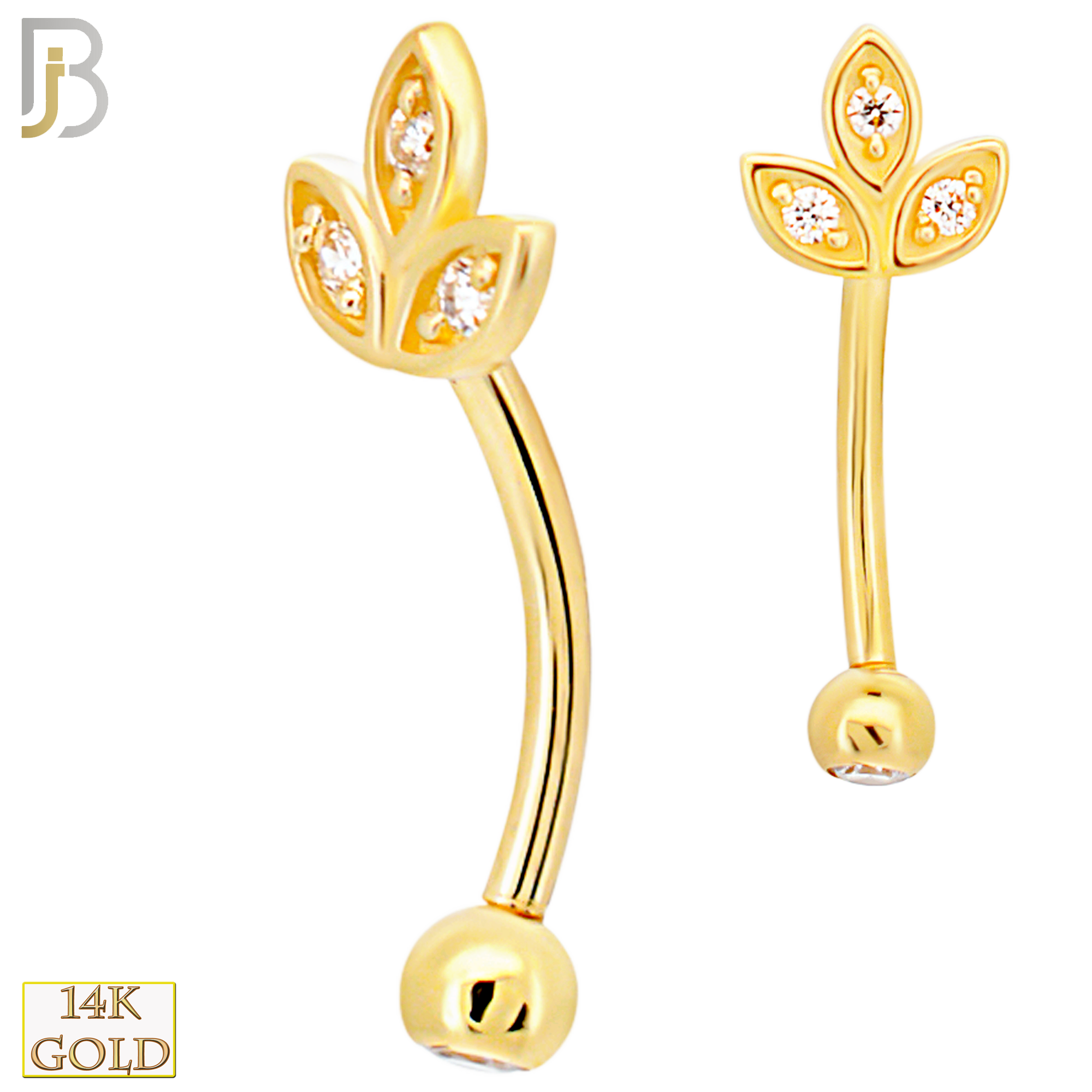 14-EC17 - 14k Yellow Gold CZ Leaves Eyebrow Barbell Externally Threaded Screw image 0