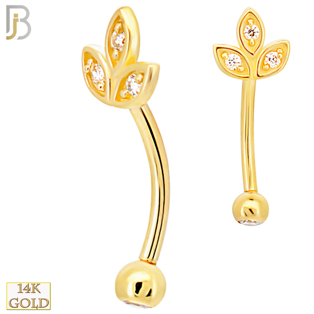 14-EC17 - 14k Yellow Gold CZ Leaves Eyebrow Barbell Externally Threaded Screw image 0