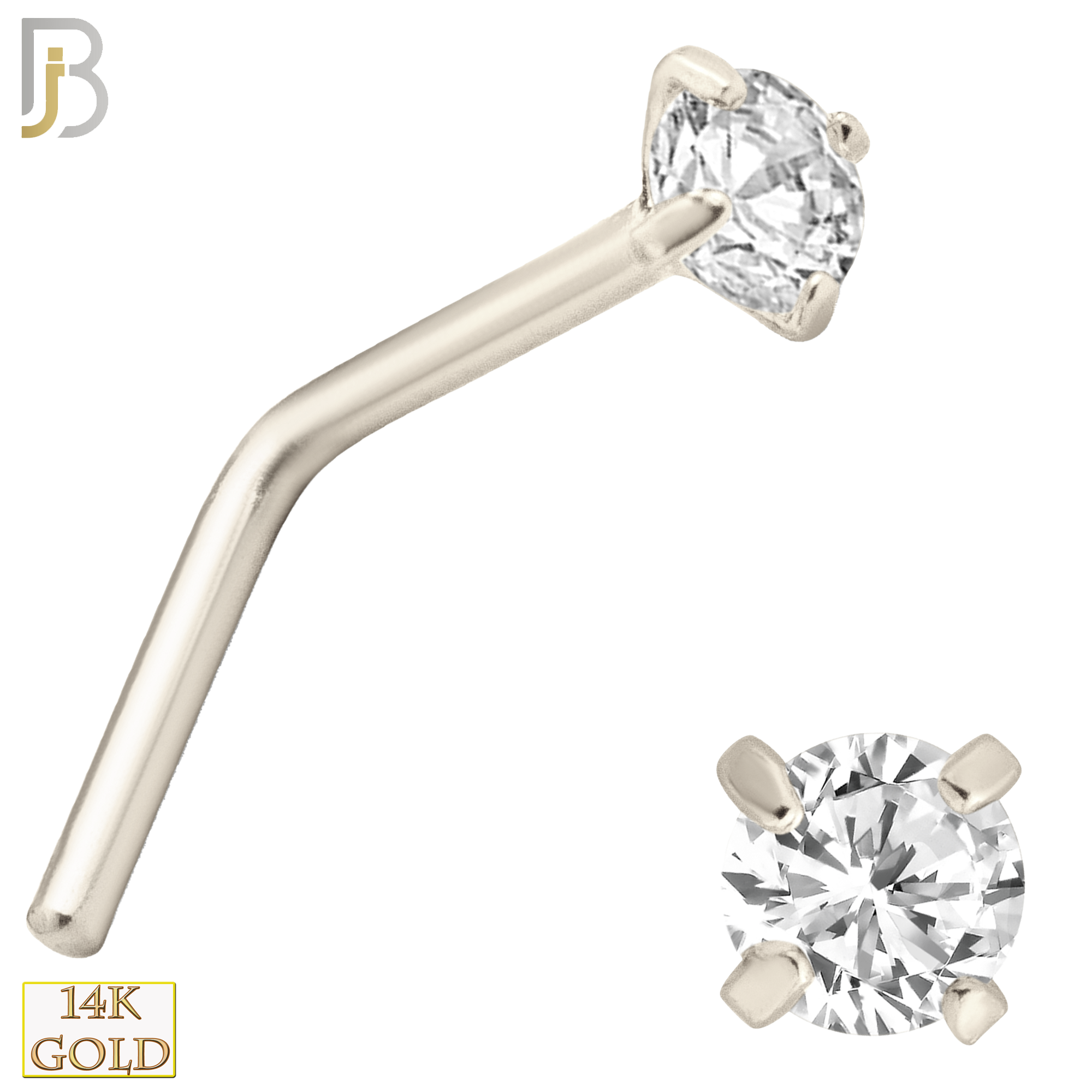 14-NR10CW-22 14k Solid White Gold 22g Prong Setting  Round Cubic Zircona L-Shape - 2mm image