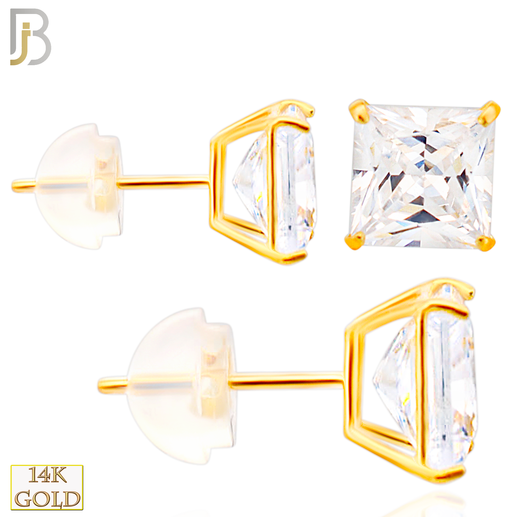 14-ES07YC - 14K Yellow Gold Silicone Back Stud Earrings Casting Prong Setting with Square Clear Zircon image 0