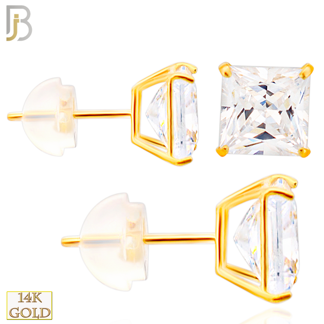 14-ES07YC - 14K Yellow Gold Silicone Back Stud Earrings Casting Prong Setting with Square Clear Zircon image 0