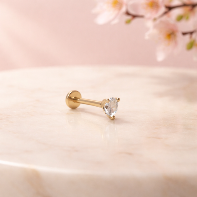 14-LB156 - 16G 14K Yellow Gold Pear‑Shaped CZ Labret Stud