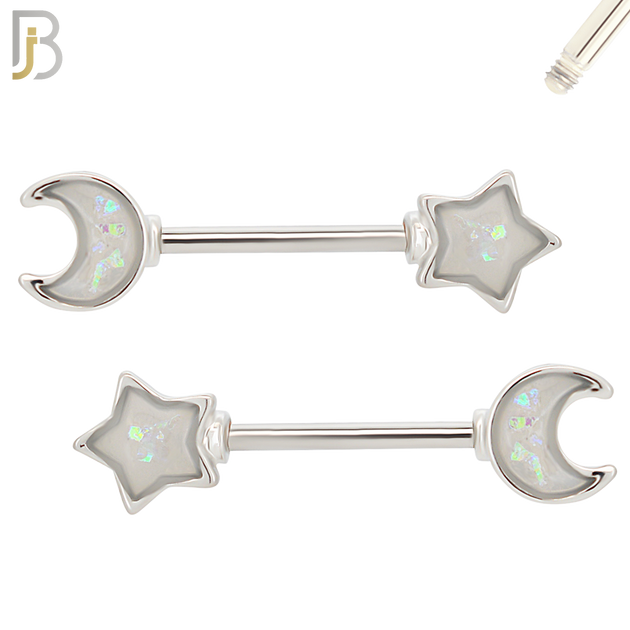 NP55 - 316L Surgical Steel Star and Moon Design Opalite Nipple Rings Pair image 1