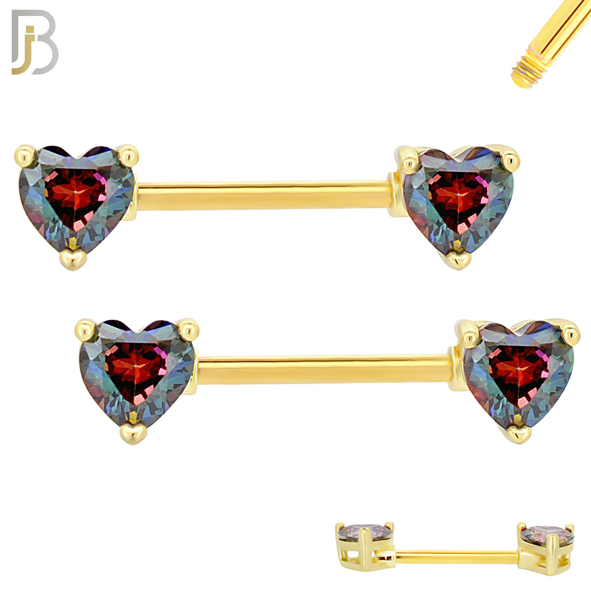 NP03G - 316L Surgical Steel Gold Plated Screw Prong Heart Zircon Nipple Ring Piercing image 2