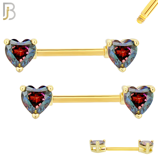NP03G - 316L Surgical Steel Gold Plated Screw Prong Heart Zircon Nipple Ring Piercing image 2