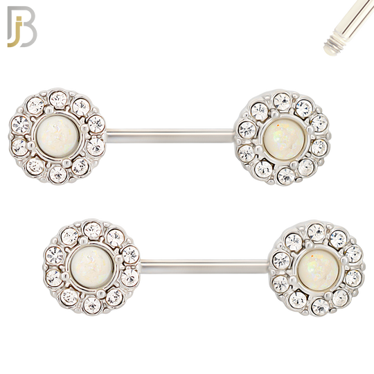 NP12 - 316L Surgical Steel Screw Round Opal with Multi Zircon Nipple Ring Piercing image 1