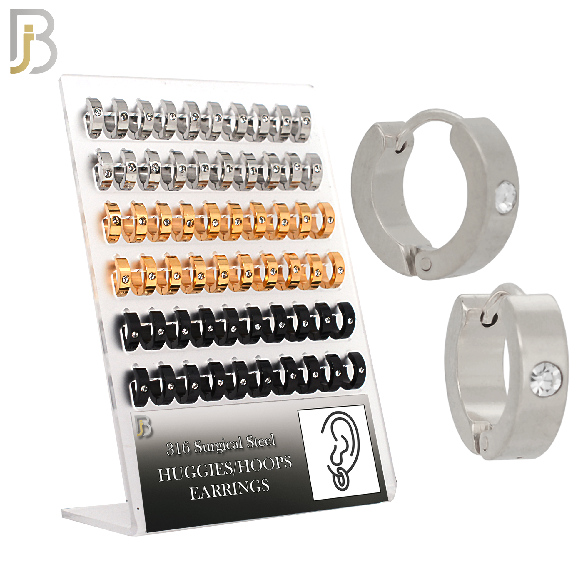 PK-ES116 - 316L Surgical Steel Plain Huggies with Single Zircon Earrings Pack of 30 Pairs - 4mm image