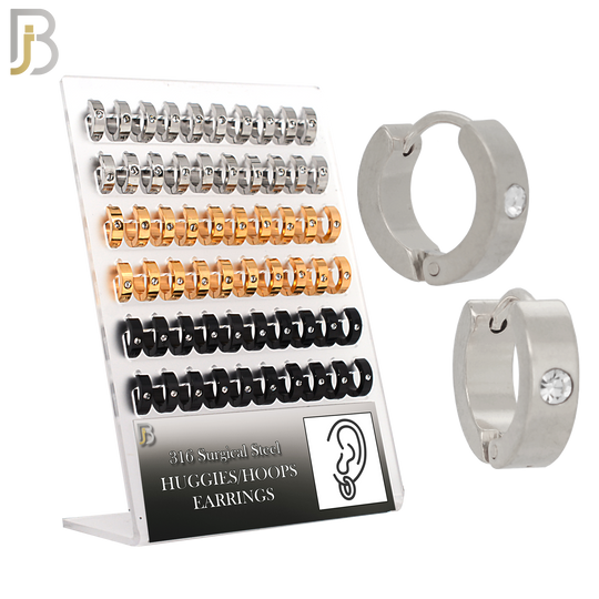 PK-ES116 - 316L Surgical Steel Plain Huggies with Single Zircon Earrings Pack of 30 Pairs - 4mm image